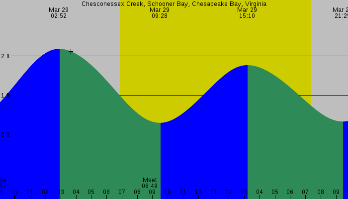 Tide graph for Chesconessex Creek, Schooner Bay, Chesapeake Bay, Virginia