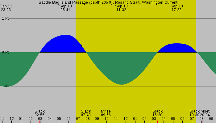 Tide graph for Saddle Bag Island Passage (depth 205 ft), Rosario Strait, Washington Current